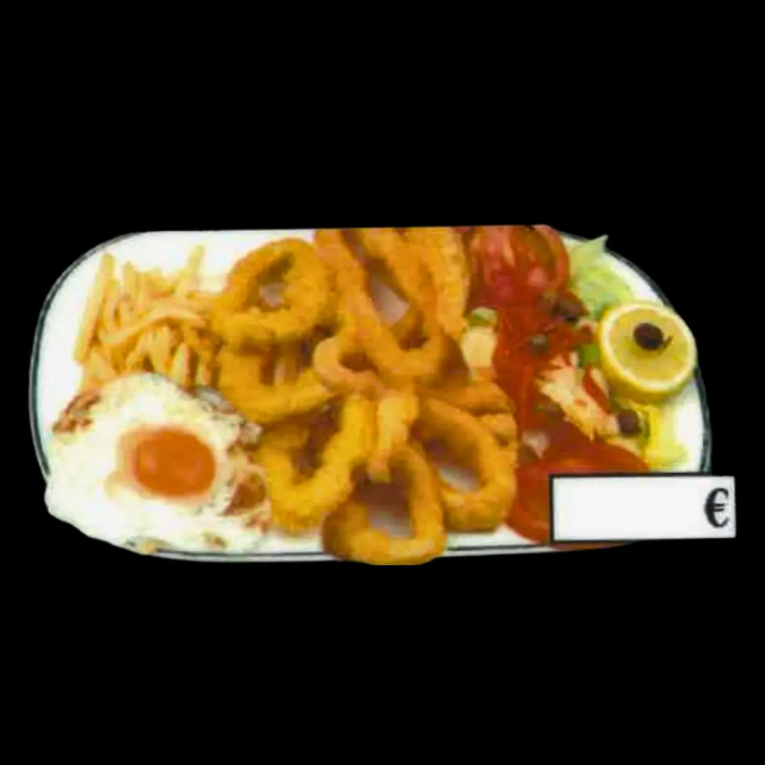 Calamares a la romana-huevo-patatas-ensalada